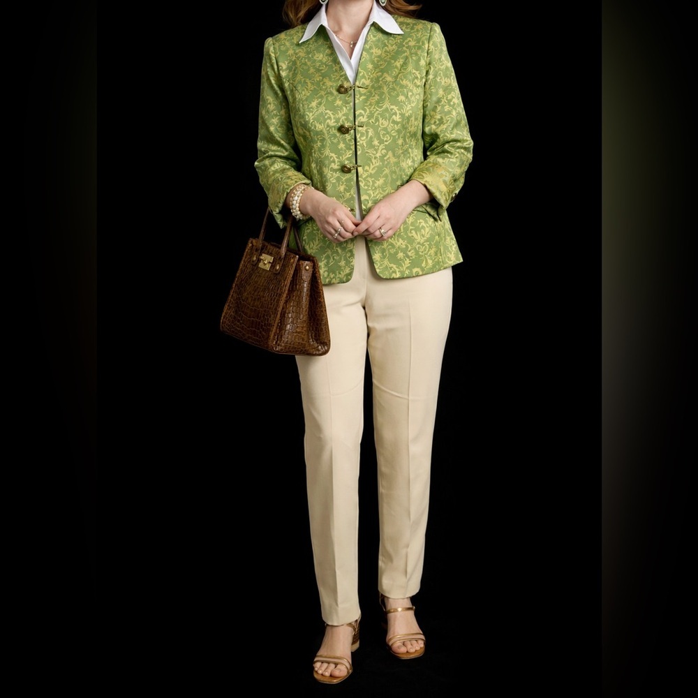 Vintage-Style Green & Gold Brocade Mandarin Jacket | Disney | Small | China